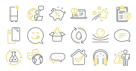 Set of Technology icons, such as Refill water, Chemistry experiment, Elastic material symbols. Chat, Smartphone, World communication signs. Loan percent, Online help, Headphones. Get box. Vector