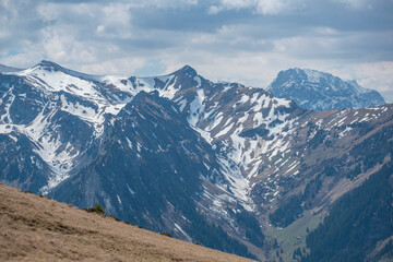 Beautiful swiss alps mountains. Alpine meadows.  