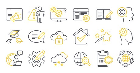 Set of Science icons, such as Coronavirus report, Writer, Cloud protection symbols. Eco organic, Cogwheel, Snow weather signs. Settings, International Ð¡opyright, Seo marketing. Message. Vector
