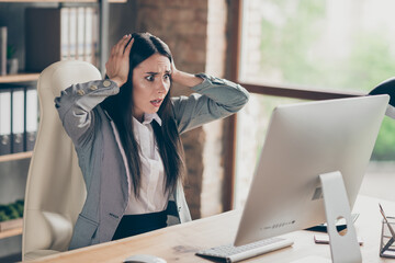 Omg i fired. Panic frustrated girl collar investor sit table work remote pc computer touch hands...