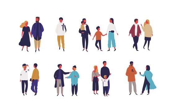 Set of different people - couple, family and friends vector flat illustration. Collection of various men, women and children talking, walking, use smartphone, spending time together isolated