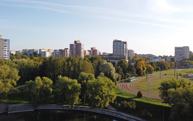 Top view of summer city park with trees. 01 October 2020, Minsk Belarus