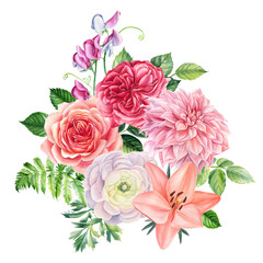 Greeting card with flowers. Roses, lilies, anemones, sweet peas, ranunculus, dahlia watercolor drawings.