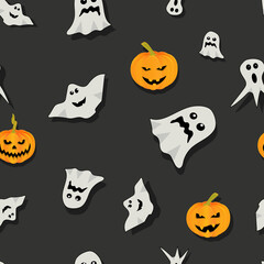 Halloween seamless pattern with smiling pumpkins and ghosts. vector illustration
