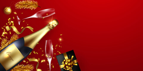 Merry Christmas and Happy New Year background. Celebration background template Champaign with ribbons. luxury greeting rich card.