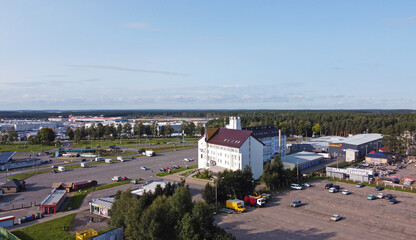 Obraz premium Top view of a business center with parking. 01 October 2020, Minsk Belarus