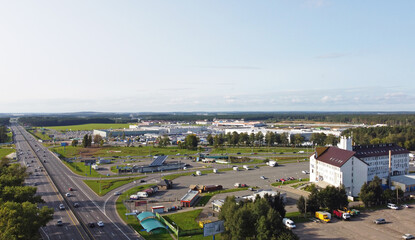 Top view of the highway near the city with cars. 01 October 2020, Minsk Belarus