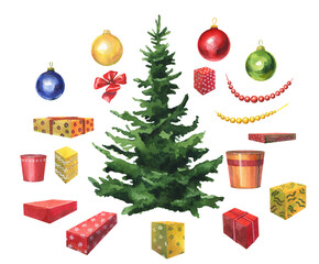 Watercolor christmas set with small christmas tree and decorations