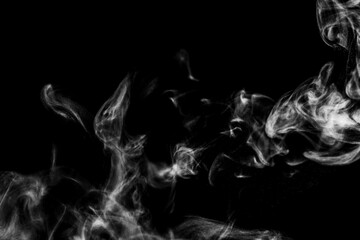 White natural steam smoke effect on solid black background with abstract blur motion wave swirl use for overlay in vapor cigarette, hot boil food and water
