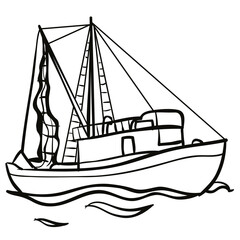 sketch, fishing boat, coloring book, cartoon illustration, isolated object on white background, vector illustration,