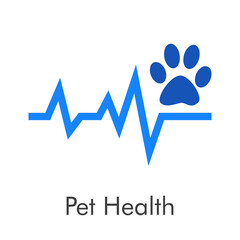 Asistencia sanitaria para mascotas. Logotipo zarpa de gato con pulso cardíaco en color azul