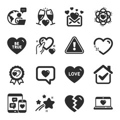 Set of Love icons, such as Love, Heart, Wedding glasses symbols. Love message, Social media, Break up signs. Atom, Hold heart, Be true flat icons. Sweetheart, Dating service. Flat icons set. Vector