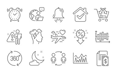 Fototapeta premium Payment, Alarm clock and Mindfulness stress line icons set. Honeymoon travel, 360 degrees and Cross sell signs. Investment, Night weather and Diagram chart symbols. Line icons set. Vector