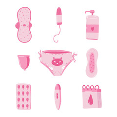 Feminine hygiene products vector cartoon set isolated on a white background.
