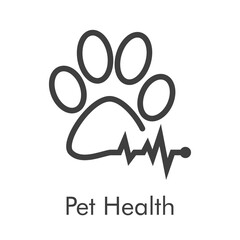 Obraz premium Asistencia sanitaria para mascotas. Logotipo lineal zarpa de gato con pulso cardíaco en color gris
