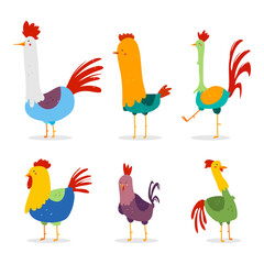 Cute rooster vector cartoon characters set isolated on a white background.