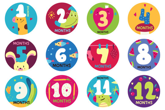 First year baby monthly milestone sticker vector cartoon set isolated on a white background.