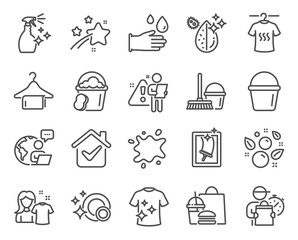 Cleaning icons set. Included icon as Bucket, Dirty spot, Window cleaning signs. Clean bubbles, Sponge, Clean shirt symbols. Dry t-shirt, Washing cleanser, Dirty water. Rubber gloves. Vector