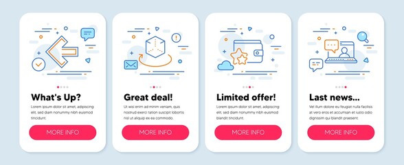 Set of Technology icons, such as Augmented reality, Loyalty program, Left arrow symbols. Mobile app mockup banners. Friends chat line icons. Virtual reality, Bonus wallet, Direction arrow. Vector