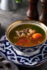 Traditional asian shurpa soup in traditional ornament bowl on ray background