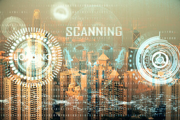 Data theme hologram drawing on city view with skyscrapers background double exposure. Technology concept.