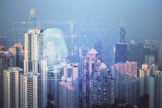 Double exposure of finger print hologram and cityscape background. Concept of personal security.