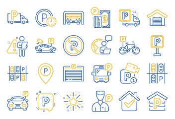 Parking line icons. Car garage, Valet servant and Paid transport parking icons. Video monitoring, Bike or Car park and Truck or Bus transport garage. Money payment, Map pointer and Free park. Vector