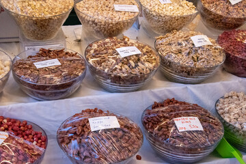 Assortment of Bulk Nuts on Display at the Night Market in Vienna, Austria, December 10th, 2019.