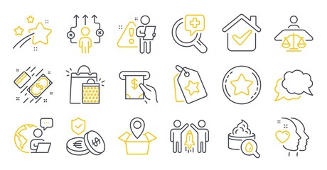 Set of Business icons, such as Loyalty star, Savings insurance, Package location symbols. Moisturizing cream, Shopping bags, Partnership signs. Loyalty tags, Heart, Atm service. Payment. Vector