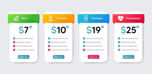 Flat icons set. Price table chart, business plan template. Included icon as Phone payment, Augmented reality, Edit statistics signs. Love flat icons. Mobile pay, Phone simulation, Seo manage. Vector