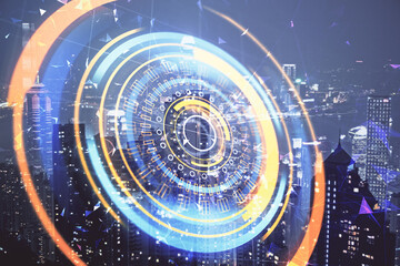 Double exposure of technology theme hologram and cityscape background. Concept of Hightech.