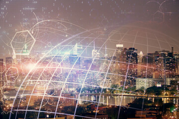 Map and data theme hologram on city view with skyscrapers background double exposure. International technology in business concept.