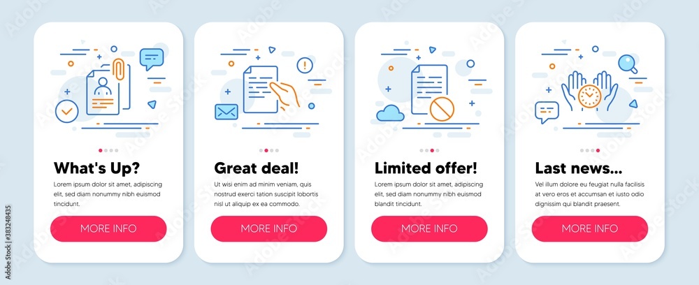 Poster set of science icons, such as interview documents, wrong file, hold document symbols. mobile screen 