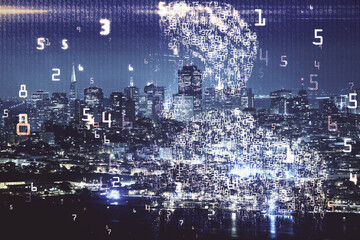 Fototapeta na wymiar Double exposure of technology theme hologram and cityscape background. Concept of Hightech.