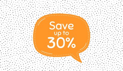 Save up to 30%. Orange speech bubble on polka dot pattern. Discount Sale offer price sign. Special offer symbol. Dialogue or thought speech balloon on polka dot background. Vector