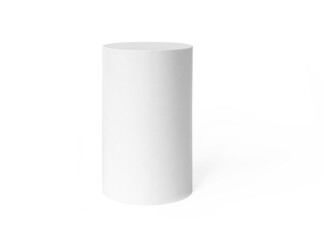 White podium mockup cylinder shape isolated on white background. Pedestal, stage or platform for product presentation with empty space for display - obrazy, fototapety, plakaty