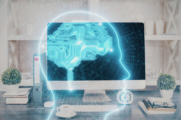 Double exposure of desktop with computer and brain drawing hologram. Artificial intelligence concept.