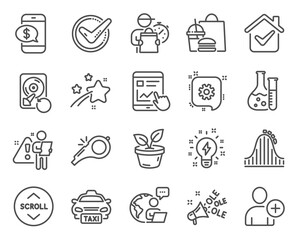 Business icons set. Included icon as Phone payment, Ole chant, Confirmed signs. Inspiration, Taxi, Add user symbols. Recovery hdd, Leaves, Whistle. Chemistry lab, Cogwheel, Roller coaster. Vector