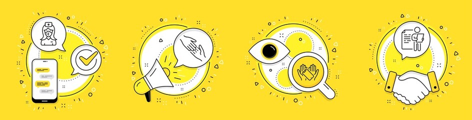 Helping hand, Nurse and Smartphone holding line icons set. Cell phone, megaphone and deal vector icons. Job interview sign. Give gesture, Medical mask, Phone. Cv file. People set. Vector