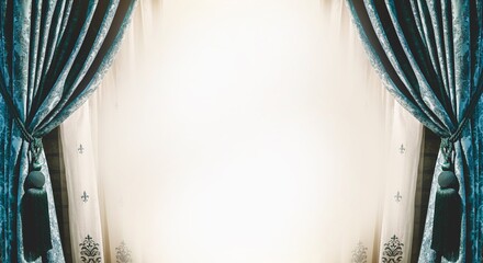 Blue and white curtains against the wall

