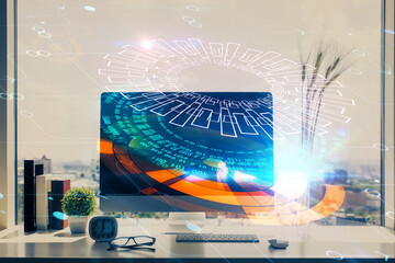 Multi exposure of table with computer on background and data theme drawing. Concept of innovation.