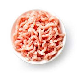 Bowl of minced meat isolated on white, from above