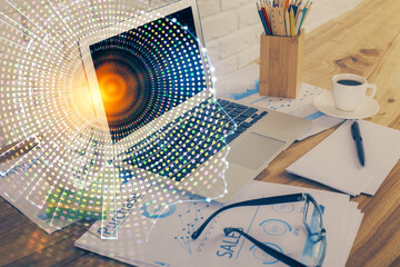 Double exposure of desktop computer and human brain drawing hologram. Ai concept.