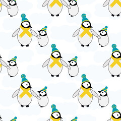 Cute Kawaii penguin baby vector seamless pattern background. Pairs of cartoon emperor chicks with blue hats, yellow scarves standing on cloud on white backdrop. Winter concept all over print for kids