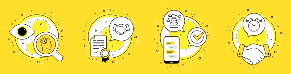 Handshake, Ship travel and Engineering line icons set. Licence, cell phone and deal vector icons. Alarm clock sign. Deal hand, Cruise transport, Cogwheel head. Time. Handshake speech bubble. Vector