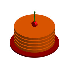 Cake with a cherry on a white background, isometric image, sign for design, vector illustration