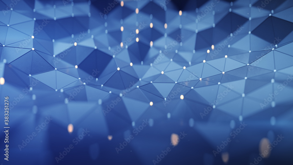 Poster blue polygonal space with connected nodes and lines 3d render