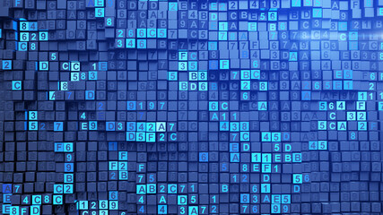 Blue matrix of digital HEX code 3D render illustration