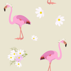 Seamless beautiful vector illustration with flamingos and flowers.