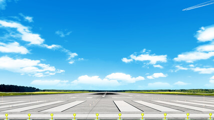 airport runway on grass airfield against blue sky with clouds background. Front perspective view of...